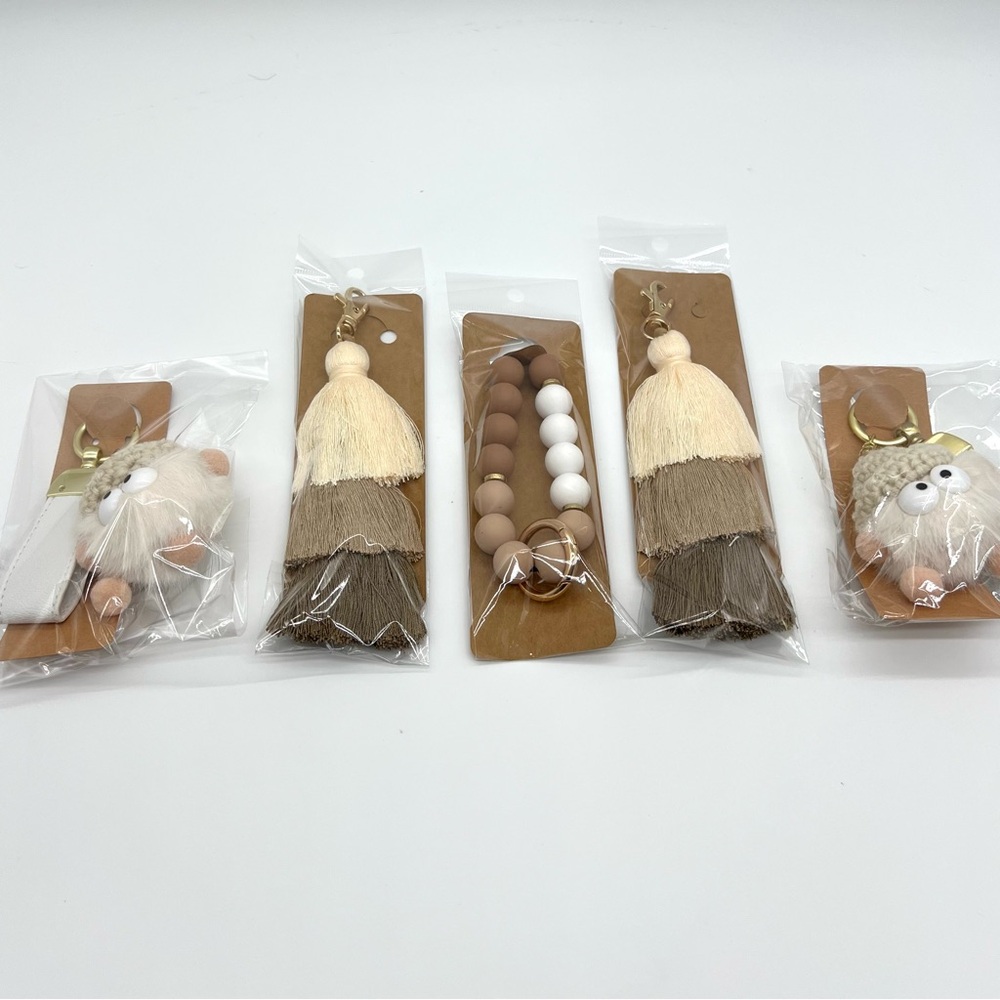 5PC Boho Neutral Beaded, Tassel & Pom Keychain Bag Charm Lot Gift Set NEW